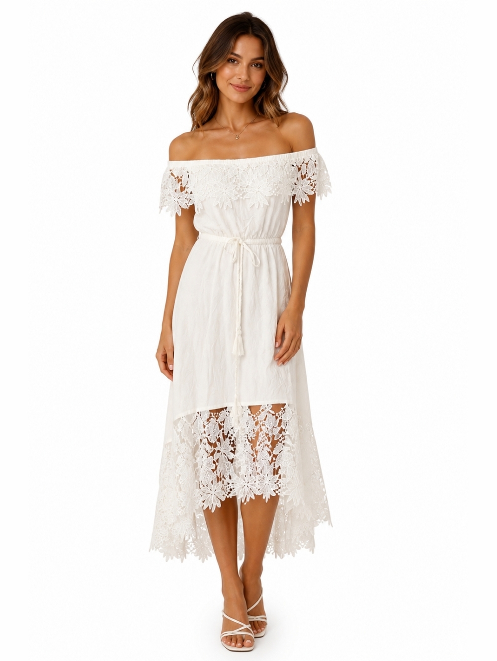 NEW Solitaire White Off-the-Shoulder Lace-Trim Hi Low Dress